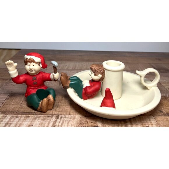 Vintage PartyLite Christmas Candle Holder With Elves - Picture 3 of 7